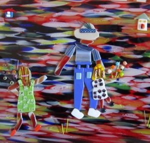 A decorative glass wall art of a father and his girls going home