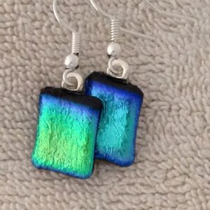 Square Blue Green Dichroic Hanging Earrings
