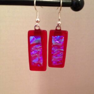 Blue Dichroic on Red Dangling Earrings