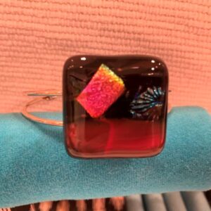 Square Dichroic Glass on Red Bracelet