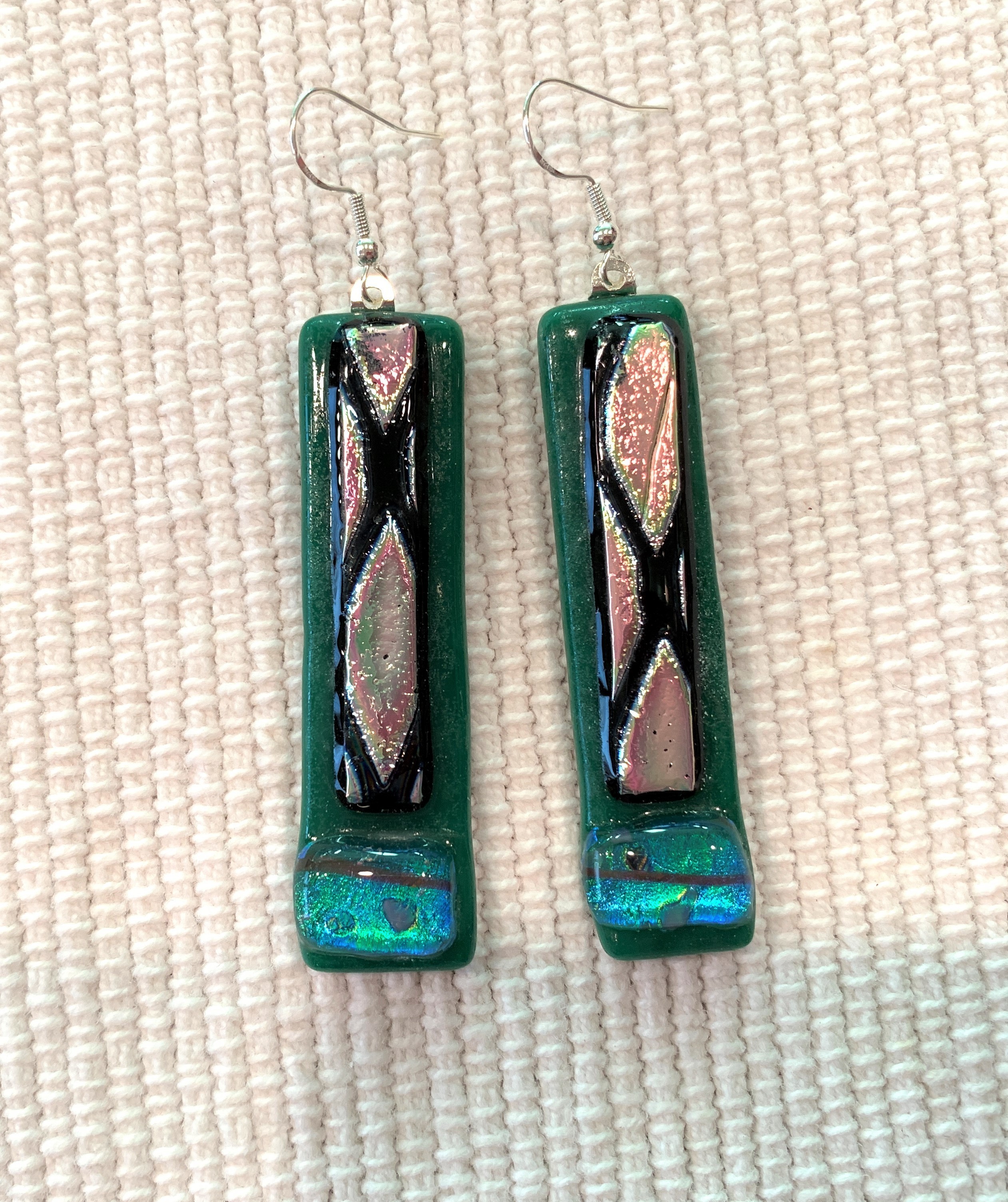 Dichroic on Green Dangling Earrings